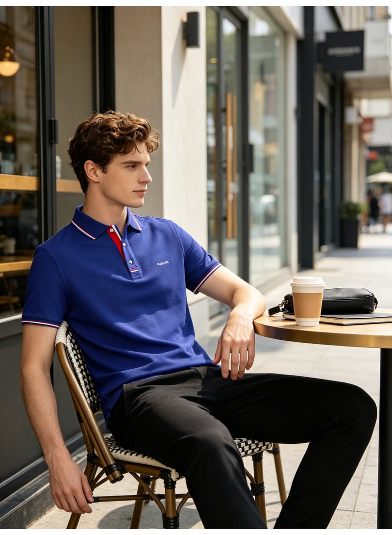 GEOX Unisex Short Sleeve Collar Polo Shirt, Contrast Striped Cuff & Collar, Casual Daily Wear, Royal Blue - Image 2