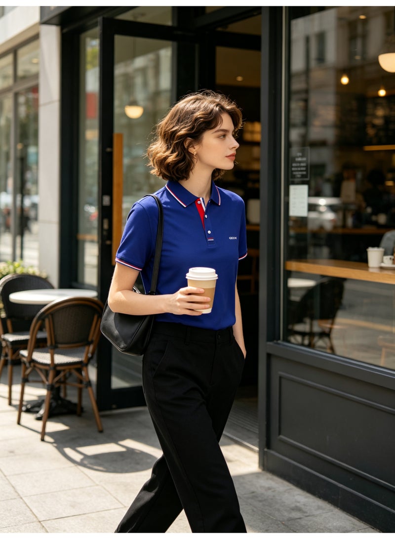 GEOX Unisex Short Sleeve Collar Polo Shirt, Contrast Striped Cuff & Collar, Casual Daily Wear, Royal Blue - Image 3