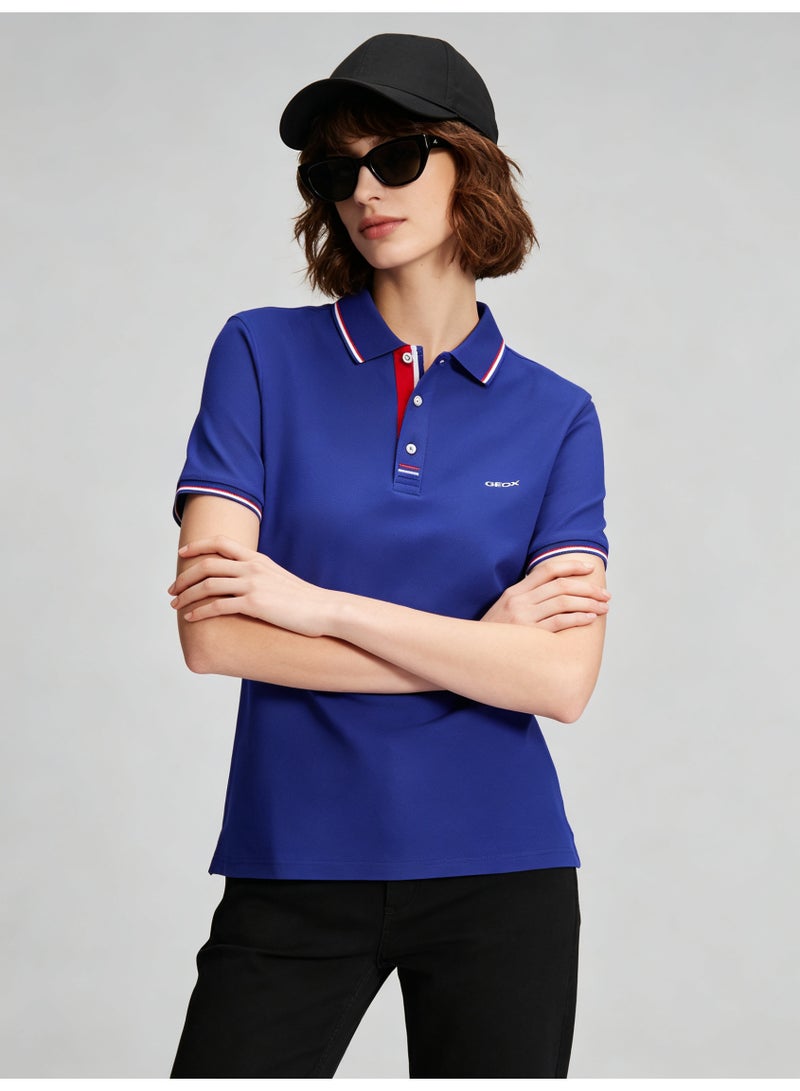 GEOX Unisex Short Sleeve Collar Polo Shirt, Contrast Striped Cuff & Collar, Casual Daily Wear, Royal Blue - Image 1