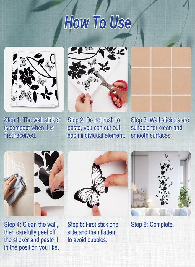 JIABEIUS Black Flower Wall Stickers for Bathroom, Vines and Butterfly Wall Decals Vinyl Peel and Stick, Removable Art Decoration for Living Room Bedroom Door Murals - Image 5