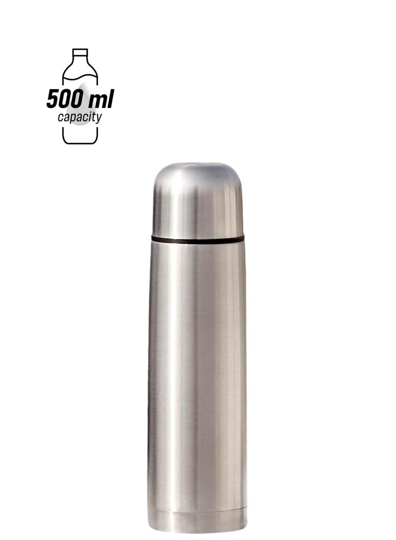 قارورة ماء، قارورة معزولة بجدار مزدوج سعة 0.5 لتر، زجاجة مياه ساخنة وباردة مقاومة للتسرب لمدة 24 ساعة، داخلية وخارجية متينة من الفولاذ المقاوم للصدأ، فضي - Image 1