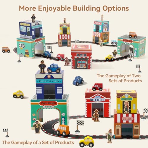 ibwaae 3in1 Sorting and Stacking Toys for Toddlers Wooden Community Helpers Nesting Boxes Vehicle Track Montessori Preschool Learning Toys Gift for 2 3 4 Year Old Boys Girls - Image 5