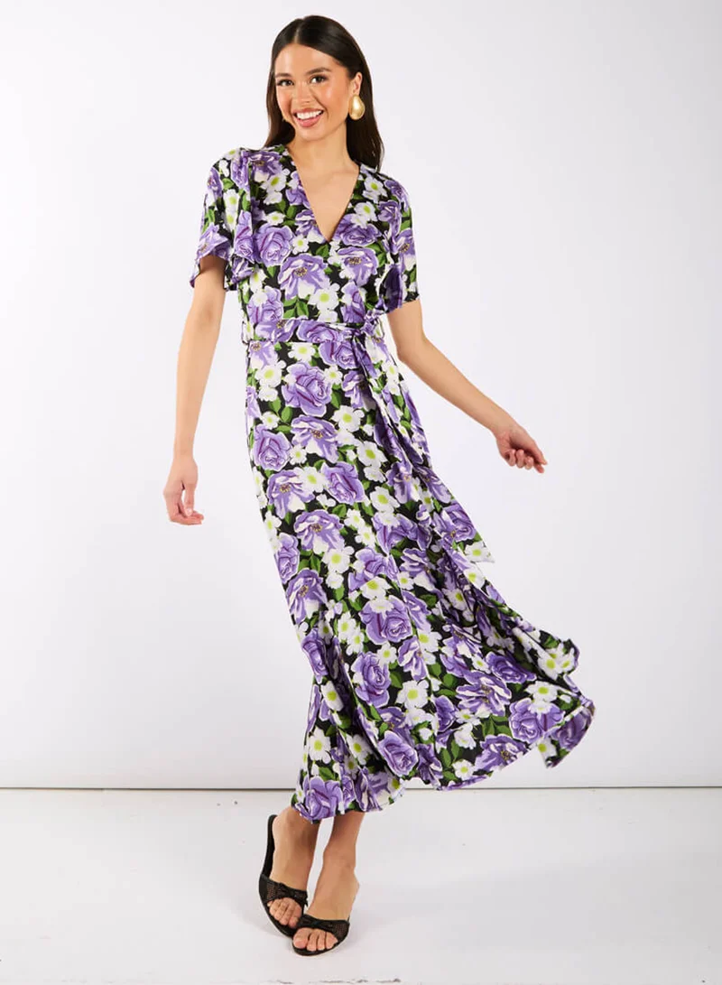 Purple Floral Wrap Midi Dress