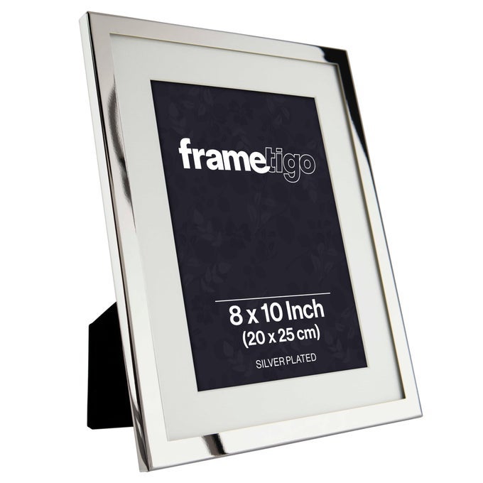 Silver Plated White Mount Photo Frame 8x10 20x25cm Photo Size Velvet Frame Backing Stand Real Glass Window Tarnish Resistant Landscape or Portrait Orientation