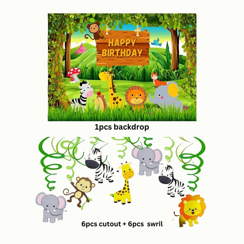FI - FLICK IN 13pcs Jungle Theme Birthday Decoration Backdrop Animal Theme Decorations for Kids (Multicolour, Pack of 13) - Image 2