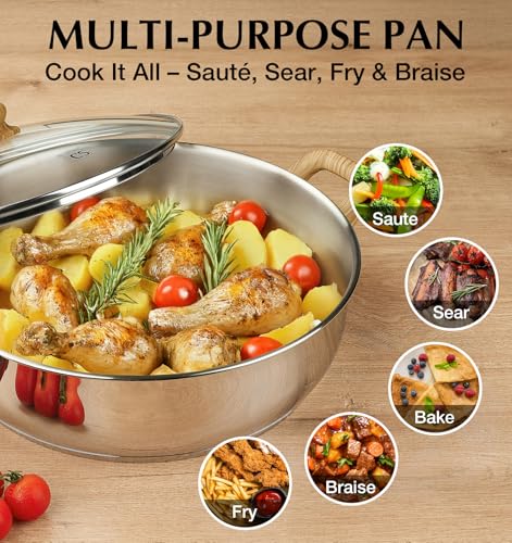 KOCH SYSTEME CS Stainless Steel Saute Pan with Lid, 12 Inch Deep Frying Pan with Double Handles, 5.5 Quart 18/10 Stainless Steel Pan with Cool-Touch Bakelite Handle, Deep Frying Pan, Induction Ready - Image 5