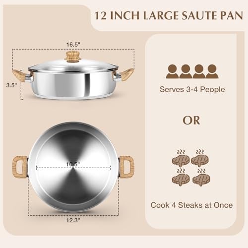 KOCH SYSTEME CS Stainless Steel Saute Pan with Lid, 12 Inch Deep Frying Pan with Double Handles, 5.5 Quart 18/10 Stainless Steel Pan with Cool-Touch Bakelite Handle, Deep Frying Pan, Induction Ready - Image 2