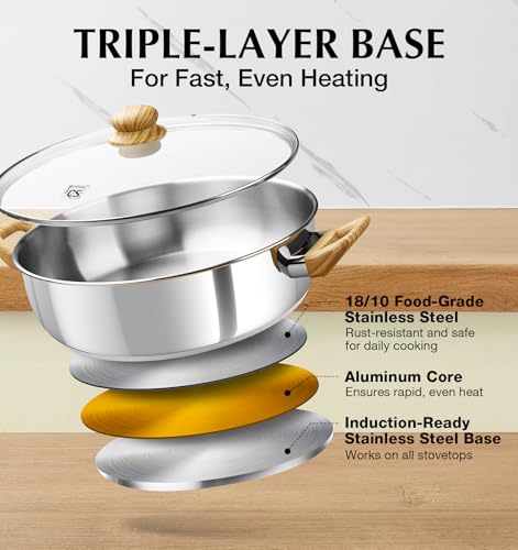 KOCH SYSTEME CS Stainless Steel Saute Pan with Lid, 12 Inch Deep Frying Pan with Double Handles, 5.5 Quart 18/10 Stainless Steel Pan with Cool-Touch Bakelite Handle, Deep Frying Pan, Induction Ready - Image 4