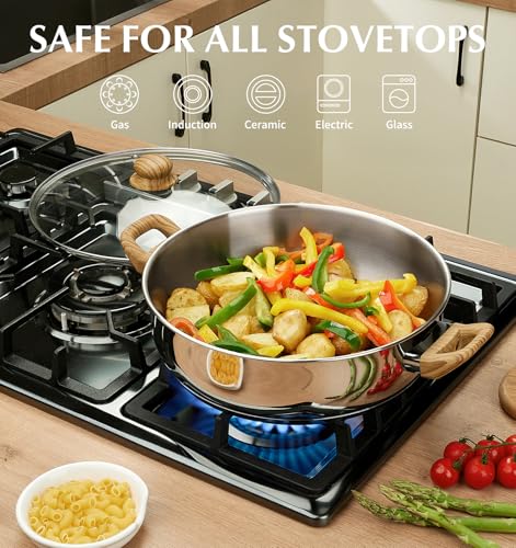 KOCH SYSTEME CS Stainless Steel Saute Pan with Lid, 12 Inch Deep Frying Pan with Double Handles, 5.5 Quart 18/10 Stainless Steel Pan with Cool-Touch Bakelite Handle, Deep Frying Pan, Induction Ready - Image 3