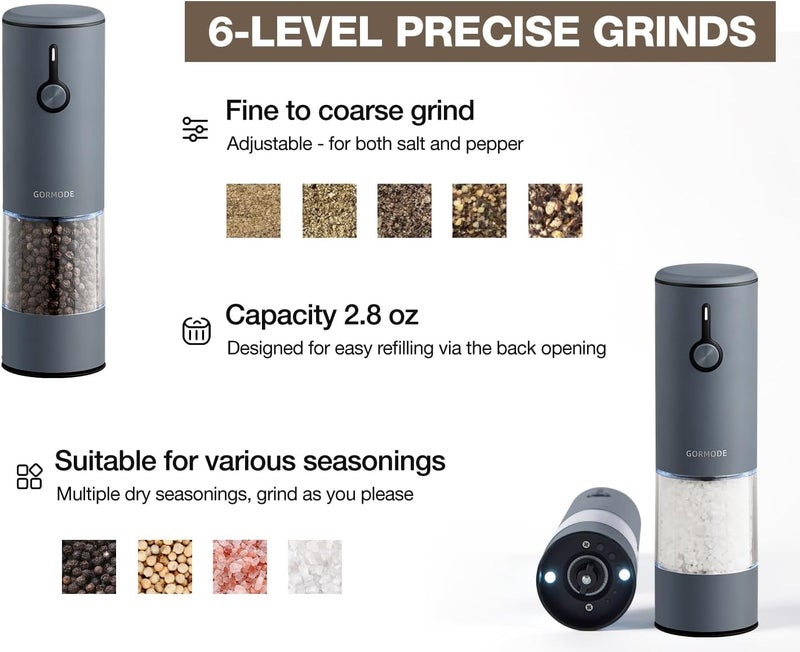 GORMODE Stainless Steel Electric Salt and Pepper Grinder Set (Wedgwood Blue) - 2 Pack Rechargeable Mills with LED Light, 6 Adjustable Grind Modes & Rustproof Design - Premium Kitchen Tool with USB-C Charging - Image 3