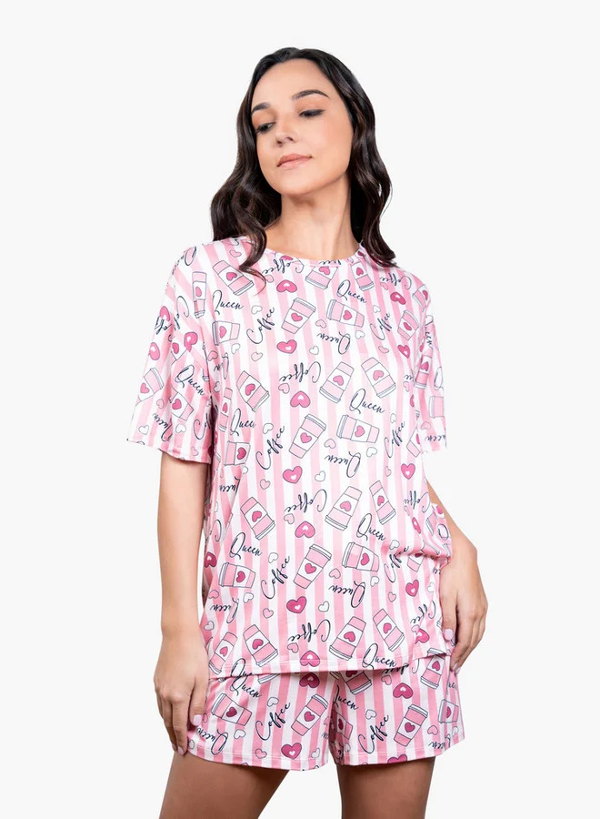 Aadaraya Aadaraya Printed Drop Shoulder T-shirt and Pyjama Set