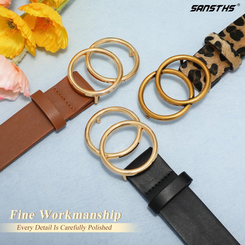 SANSTHS 3 Pack Women Waist Belts for Jeans Pants Dresses, Ladies Belt with Double O-Ring Gold Buckle, Black+Brown+Leopard M - Image 3