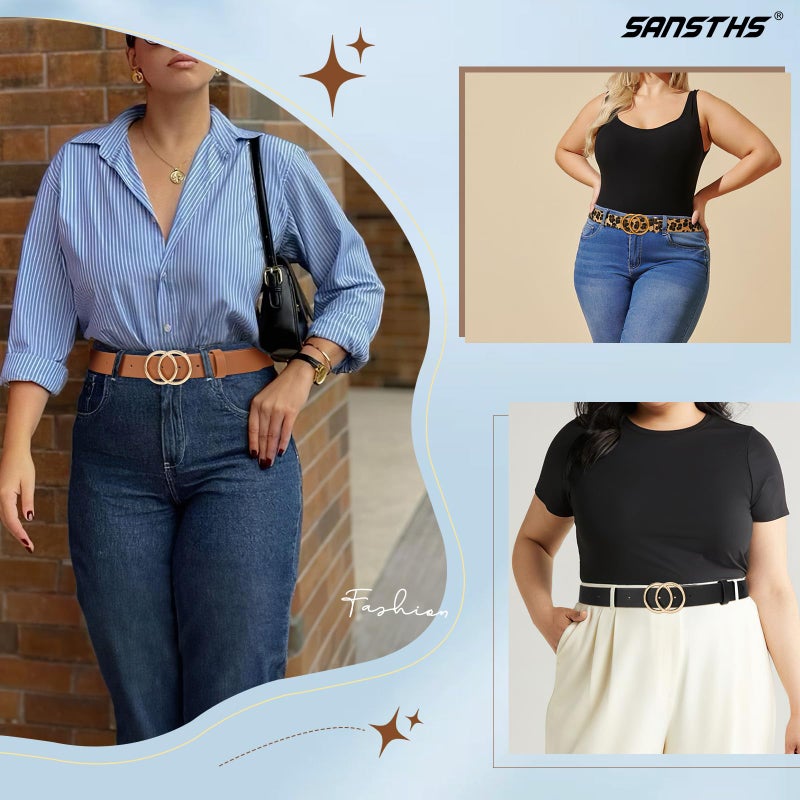 SANSTHS 3 Pack Women Waist Belts for Jeans Pants Dresses, Ladies Belt with Double O-Ring Gold Buckle, Black+Brown+Leopard M - Image 5