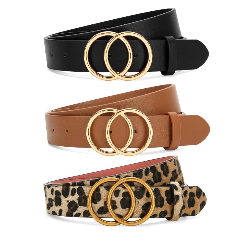 SANSTHS 3 Pack Women Waist Belts for Jeans Pants Dresses, Ladies Belt with Double O-Ring Gold Buckle, Black+Brown+Leopard M - Image 1