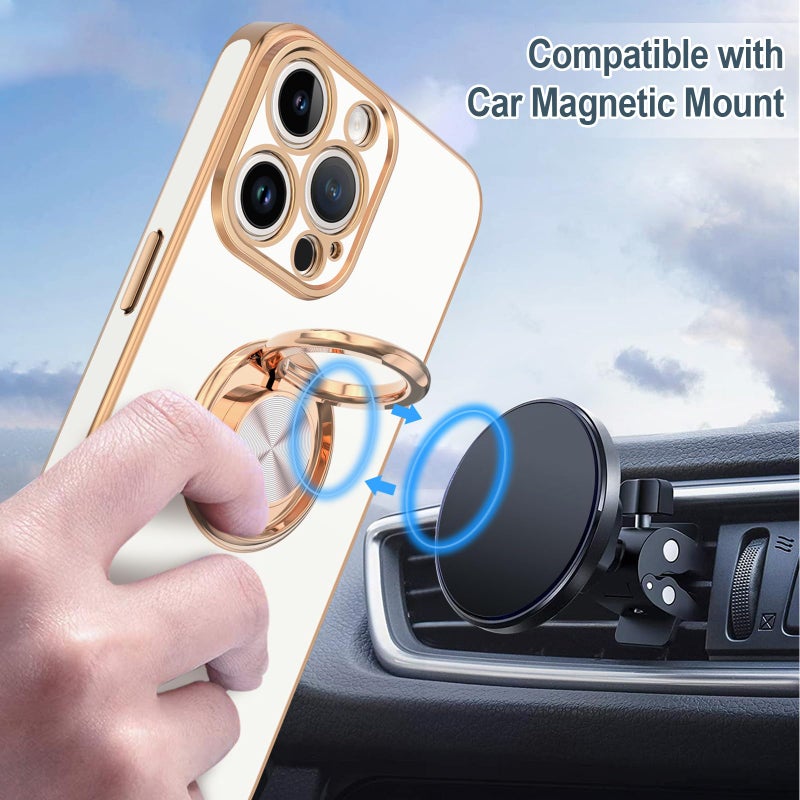 Hython for iPhone 15 Pro Max Case with Ring Stand, 360Â° Rotatable Ring Holder Magnetic Kickstand, Plating Rose Gold Edge Soft Cover Protective Phone Case for iPhone 15 Pro Max 6.7", White - Image 5