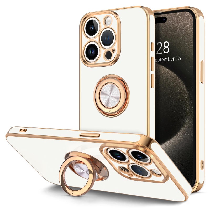 Hython for iPhone 15 Pro Max Case with Ring Stand, 360Â° Rotatable Ring Holder Magnetic Kickstand, Plating Rose Gold Edge Soft Cover Protective Phone Case for iPhone 15 Pro Max 6.7", White - Image 1
