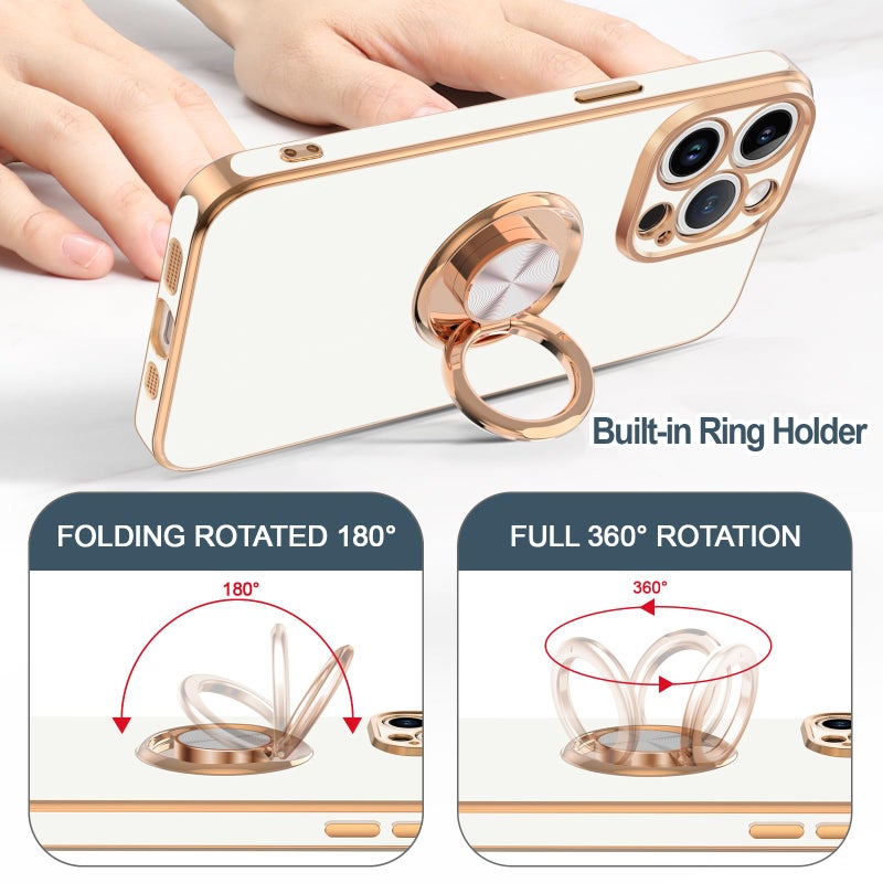 Hython for iPhone 15 Pro Max Case with Ring Stand, 360Â° Rotatable Ring Holder Magnetic Kickstand, Plating Rose Gold Edge Soft Cover Protective Phone Case for iPhone 15 Pro Max 6.7", White - Image 4