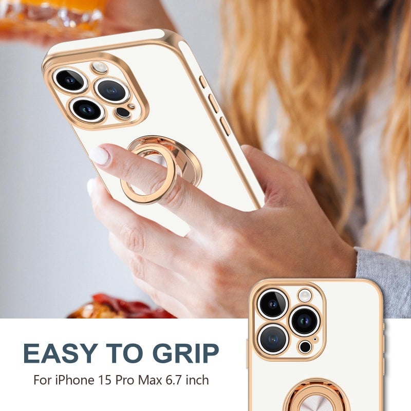 Hython for iPhone 15 Pro Max Case with Ring Stand, 360Â° Rotatable Ring Holder Magnetic Kickstand, Plating Rose Gold Edge Soft Cover Protective Phone Case for iPhone 15 Pro Max 6.7", White - Image 2