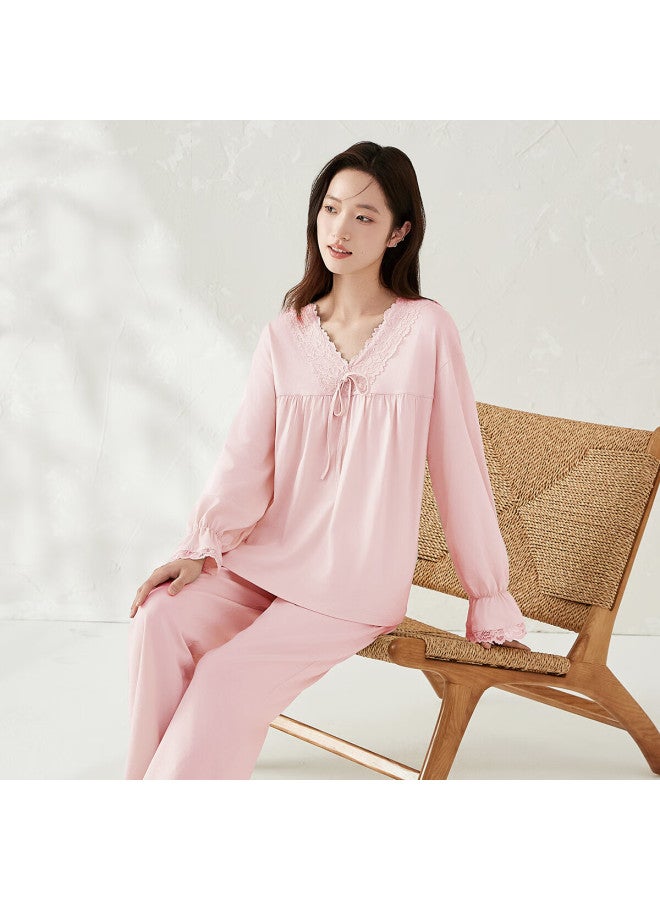 Dingguagua Top-notch Women's Pure Cotton Pajamas, Spring And Summer V-neck Long-sleeve Sleepwear Set, Loungewear, Sweet Peach Pink, Size 160