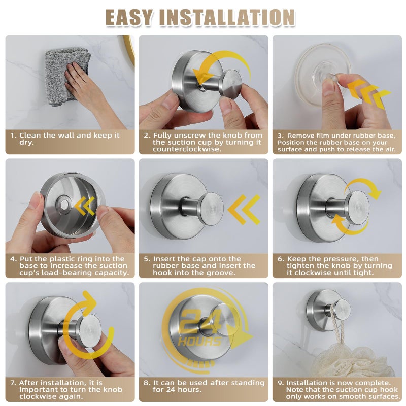 Fenas Suction Cup Hooks for Shower No-Drill Bathroom Hooks for Towels, Robes, Loofah Mountable on Bathroom Walls, Kitchen, Glass, Mirrors, Tile and Smooth,Non-Porous Surfaces (4, Brushed Nickel) - Image 5