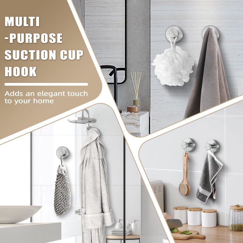 Fenas Suction Cup Hooks for Shower No-Drill Bathroom Hooks for Towels, Robes, Loofah Mountable on Bathroom Walls, Kitchen, Glass, Mirrors, Tile and Smooth,Non-Porous Surfaces (4, Brushed Nickel) - Image 4
