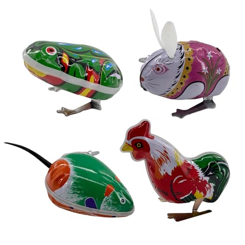 Halloluck 4 Pcs Clockwork Spring Wind Up Metal Jumping Frog Cock Rabbit Mouse Retro Vintage Windup Animal Party Favors Desktop Decor - Image 1