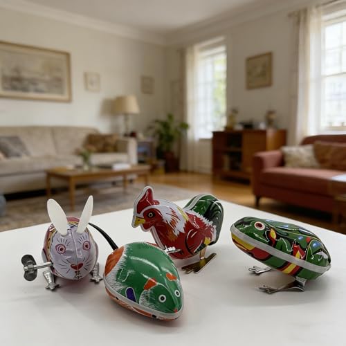 Halloluck 4 Pcs Clockwork Spring Wind Up Metal Jumping Frog Cock Rabbit Mouse Retro Vintage Windup Animal Party Favors Desktop Decor - Image 5