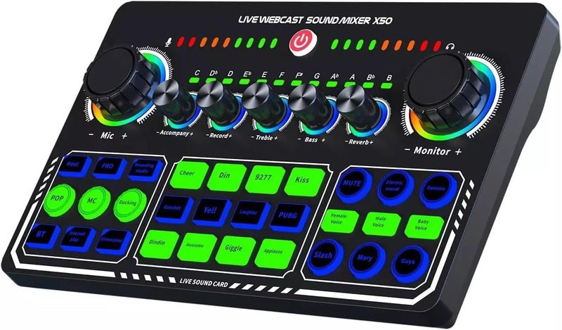 Rechargeable Wireless Live Sound Card Mixer – BT/USB Audio Interface with Voice Effects -1200mAh -RGB Lighting- Reverb & Dual Live Streaming - For Mobile/Gaming/Podcast/Recording | (X50) - Image 1