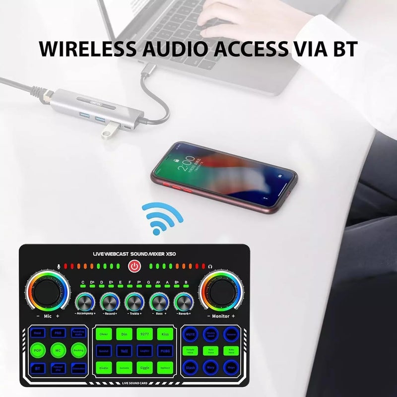 Rechargeable Wireless Live Sound Card Mixer – BT/USB Audio Interface with Voice Effects -1200mAh -RGB Lighting- Reverb & Dual Live Streaming - For Mobile/Gaming/Podcast/Recording | (X50) - Image 4