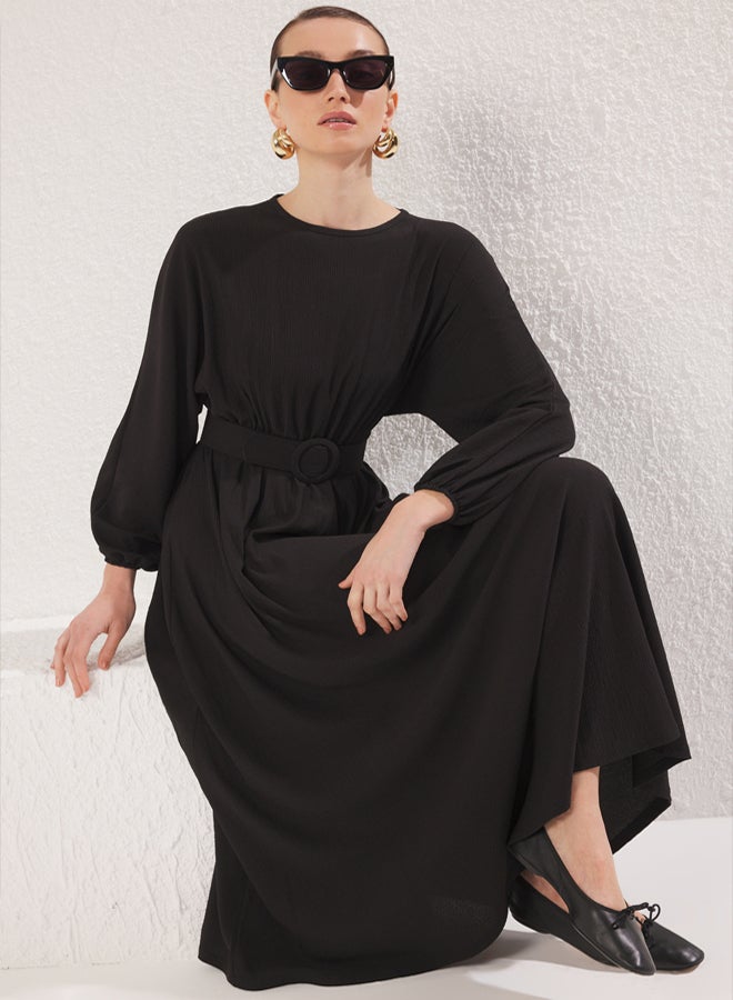 trendyol Black Bat Sleeve Belted Wrap Knitted Dress - Image 2