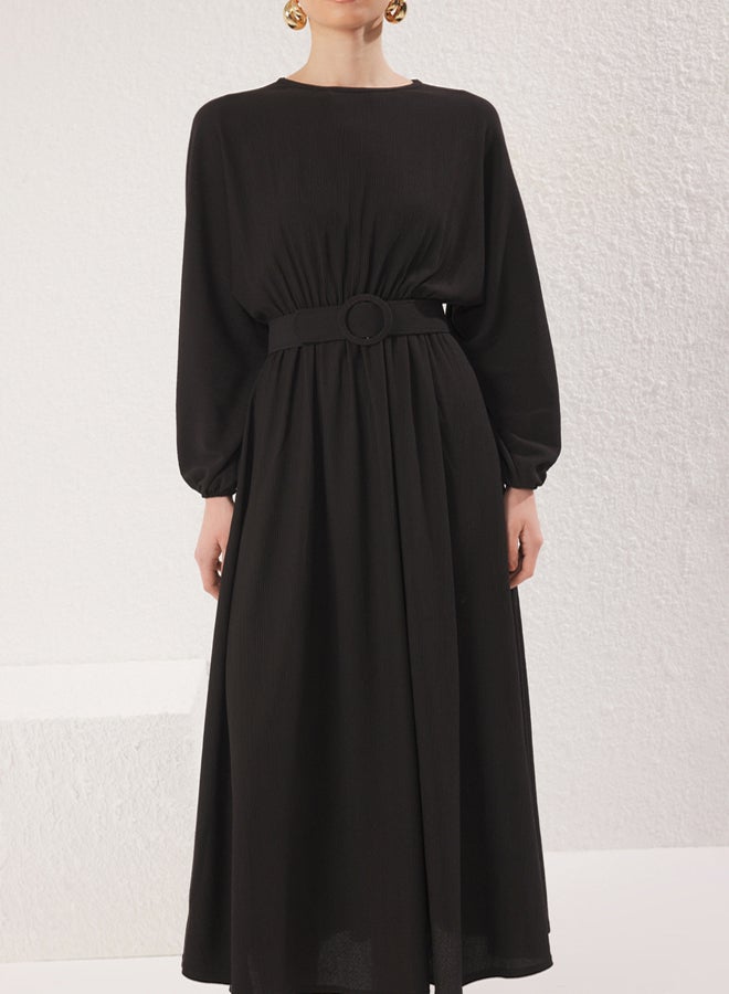 trendyol Black Bat Sleeve Belted Wrap Knitted Dress - Image 3