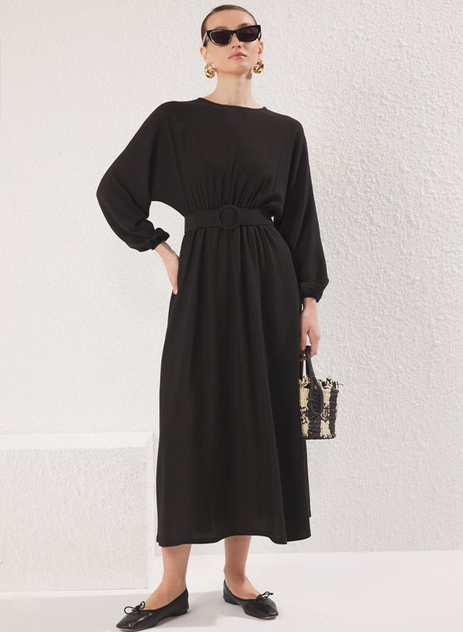 trendyol Black Bat Sleeve Belted Wrap Knitted Dress - Image 5