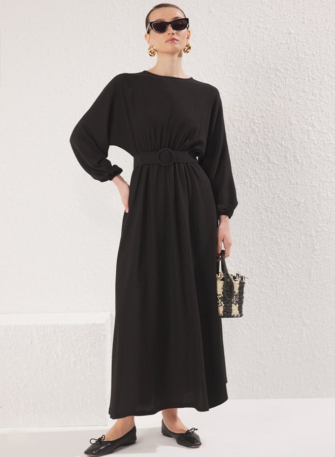 trendyol Black Bat Sleeve Belted Wrap Knitted Dress - Image 1