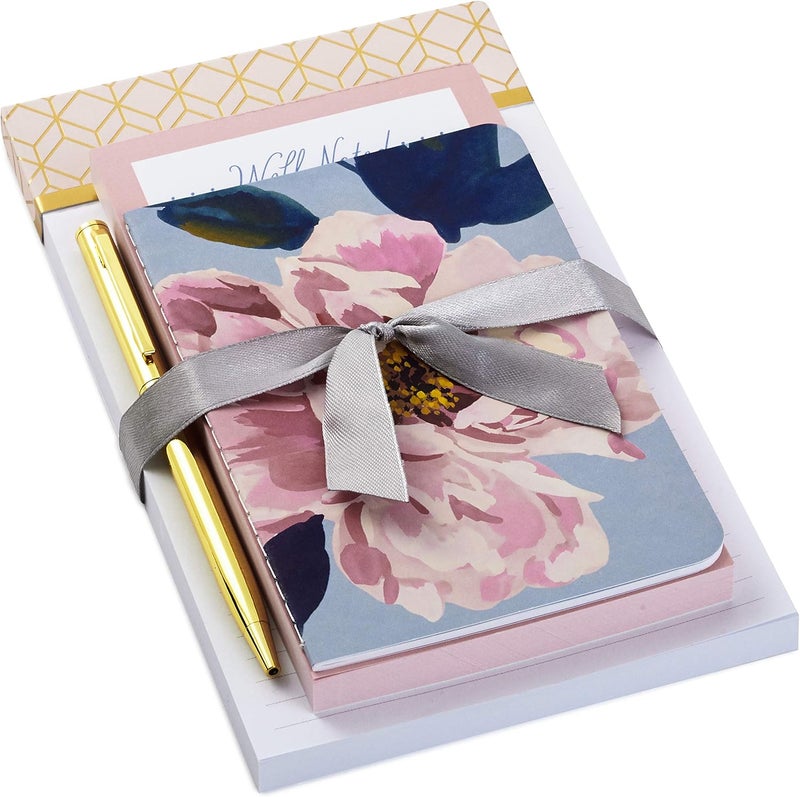 Hallmark Notepad Bundle with Pen, Pretty Pinks (3 Notepads in Assorted Sizes with Gold Pen) - Image 1