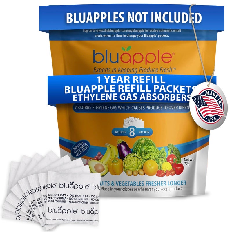 Bluapple Produce Saver Ethylene Gas Absorber Fresh Fruit Vegetable Storage Food Savers for Refrigerator 8 Packets 9g each Each Packet Lasts 3 Months Kitchen Must Haves USA Made Refill Kit