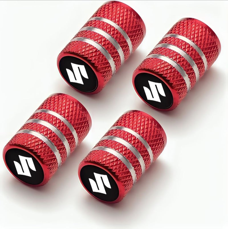 Greenworld Premium Red Metal Car Tyre Valve Caps Featuring Car Logo Emblems - Durable, Stylish, and Universal Wheel Accessories(SUZU-KII) - Image 1