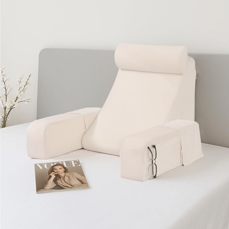 ENITYA 19" Back Pillow for Bed Sitting up, Big Pockets and Washable Removable Cover, Reading Chair for Watching TV/Reading/Gaming/Resting in Bed, Couch or Floor, Medium(Ivory) - Image 1