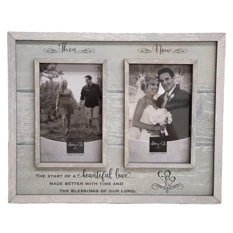 Then  Now Anniversary Photo Frame Wedding Engagement  Vow Renewal Couples Gift Wooden Picture Frames With Sentimental Quote 12Inch x 95Inch Rustic Woodgrain by Abbey  CA Gift