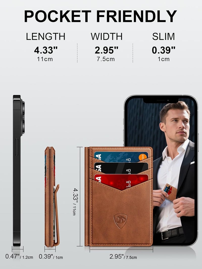 ZALVEX محفظة للرجال محافظ جلدية لـ 12-15 بطاقة، حامل بطاقات نحيف بسيط مع حجب RFID ومشبك ن��ود ونافذة هوية، بني، بسيط - Image 2
