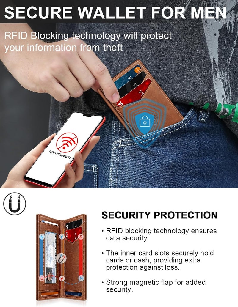 ZALVEX محفظة للرجال محافظ جلدية لـ 12-15 بطاقة، حامل بطاقات نحيف بسيط مع حجب RFID ومشبك ن��ود ونافذة هوية، بني، بسيط - Image 5