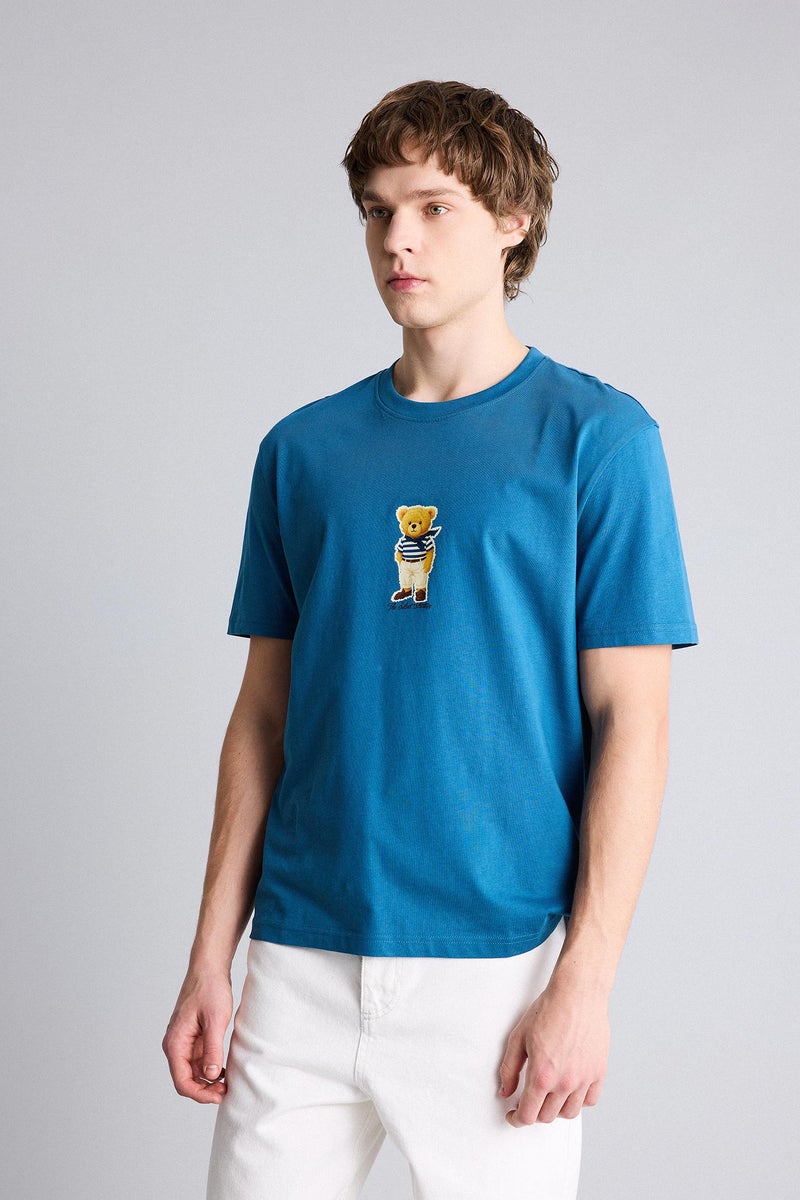 DeFacto Blue Man 100% Cotton Printed T-Shirt Casual - Image 3