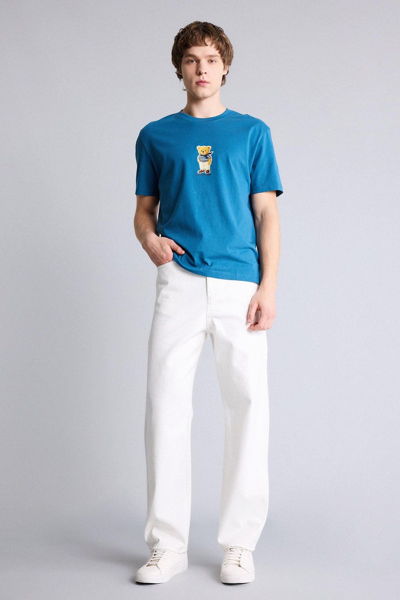 DeFacto Blue Man 100% Cotton Printed T-Shirt Casual - Image 2