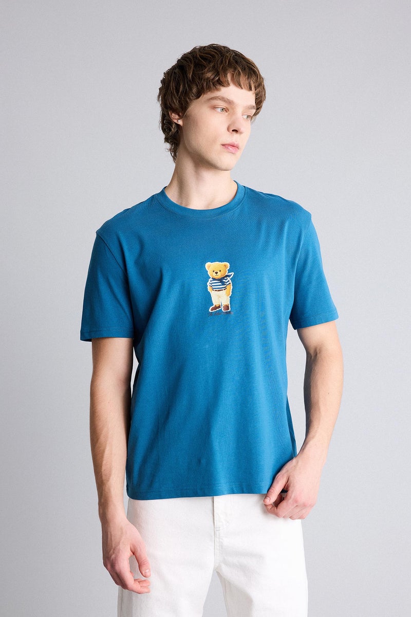 DeFacto Blue Man 100% Cotton Printed T-Shirt Casual - Image 1