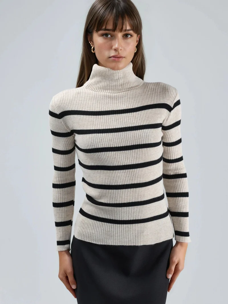 My Fashion Natural MY FASHION Fitted Striped Ribbed Turtleneck Sweater for Women | Best Price UAE