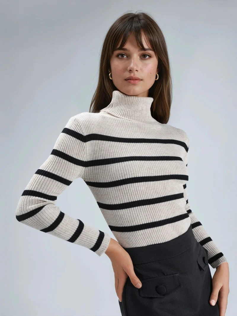 MY FASHION Fitted Striped Ribbed Turtleneck Sweater