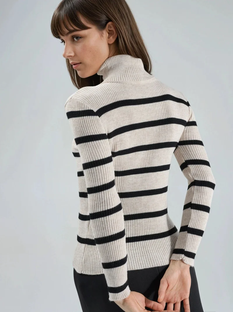 My Fashion Natural MY FASHION Fitted Striped Ribbed Turtleneck Sweater for Women | Best Price UAE