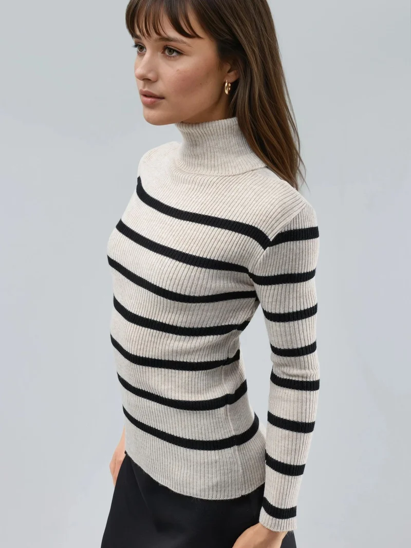 My Fashion Natural MY FASHION Fitted Striped Ribbed Turtleneck Sweater for Women | Best Price UAE