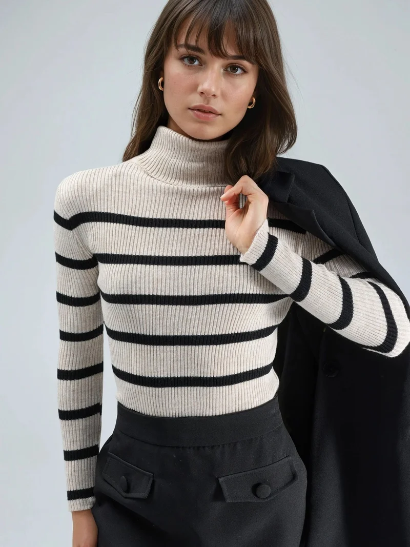 My Fashion Natural MY FASHION Fitted Striped Ribbed Turtleneck Sweater for Women | Best Price UAE