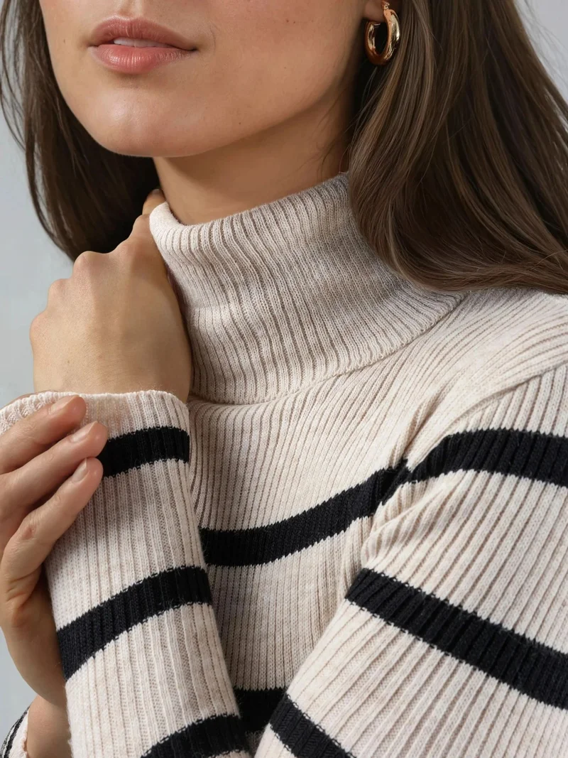 My Fashion Natural MY FASHION Fitted Striped Ribbed Turtleneck Sweater for Women | Best Price UAE