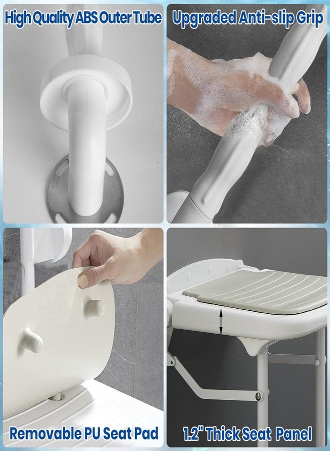 Caredear Wall Mounted Folding Shower Bench with Bathroom Grab Bar - Image 3